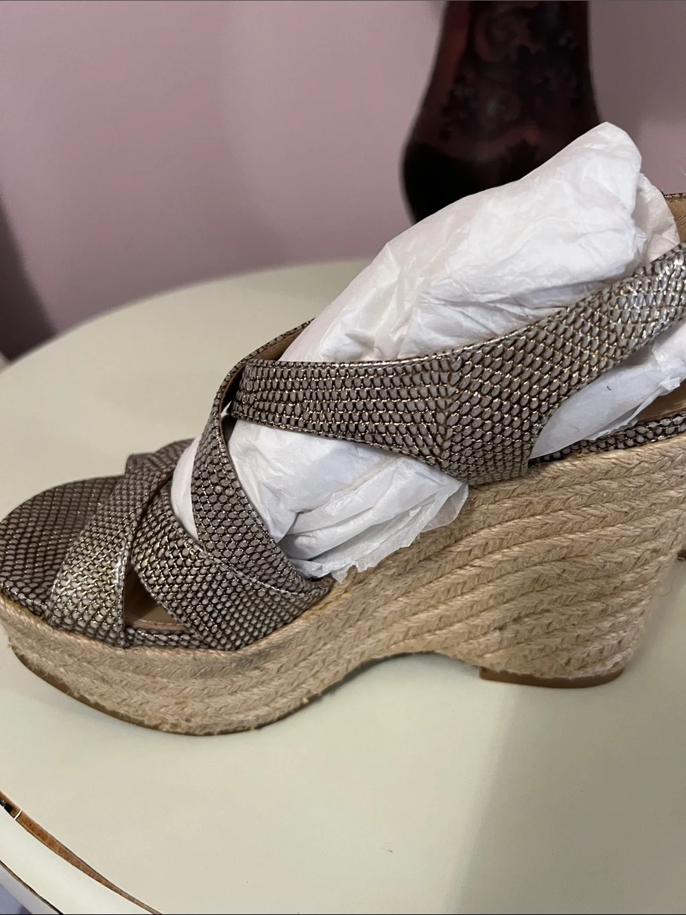 Via Spiga Metallic Taupe Espadrille Wedge Sandals